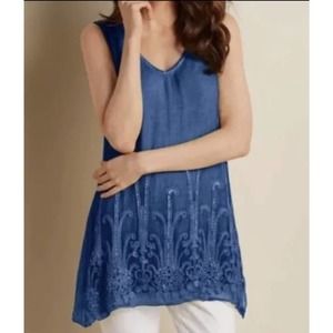 Soft Surroundings Top Women’s M Silk Romance Blue Sleeveless Embroidered Sequins